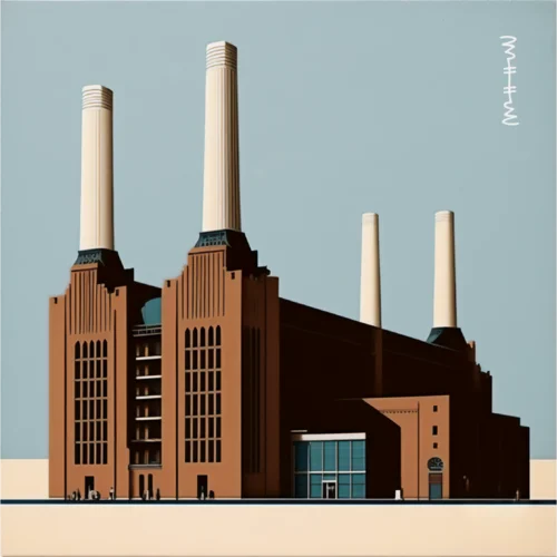 Stylized illustration of a large brick power station with four tall white chimneys against a pale blue sky.
