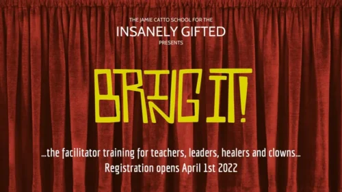 Red stage curtains with the headline “BRING IT!” and text promoting facilitator training; registration opens April 1st 2022.