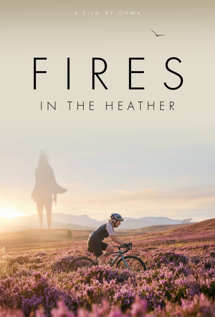 Film poster titled “Fires in the Heather” featuring a cyclist on moorland heather with distant hills and a soft, hazy figure in the background.
