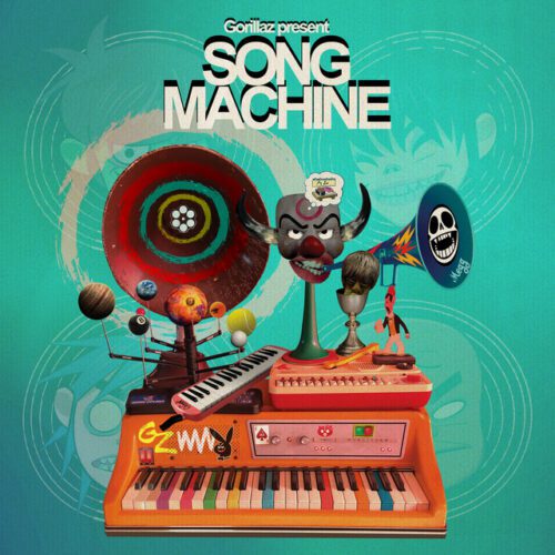 Artwork reading “Gorillaz present Song Machine” with a colorful collage of keyboards, speakers, and surreal musical objects on a teal background.