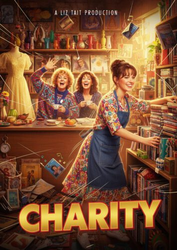 Poster for “Charity” showing three women in a cozy secondhand shop, one stocking books while two smile behind the counter.